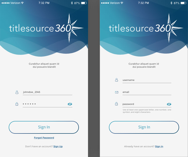 Title Source 360 mobile app - login